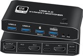 NÖRDIC KVM-112 - 2 naar 1 KVM Switch - USB-C en HDMI 2.1 8K60Hz - HDCP2.3 - HDR10 - met 4XUSB-A uitgang - Zwart