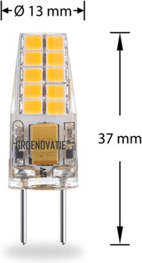 Warm witte LED lamp met zilveren pinnen, met afmetingen van 37mm hoog en 13mm breed.