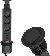 Verticale Stekkerdoos met USB - Pop up stekkerblok met 3 stopcontacten en 2 USB - Ø 60mm Inbouw Verdeelstekker met 1.8 meter kabel - Stekkerblok voor max. 3680 Watt - Zwart