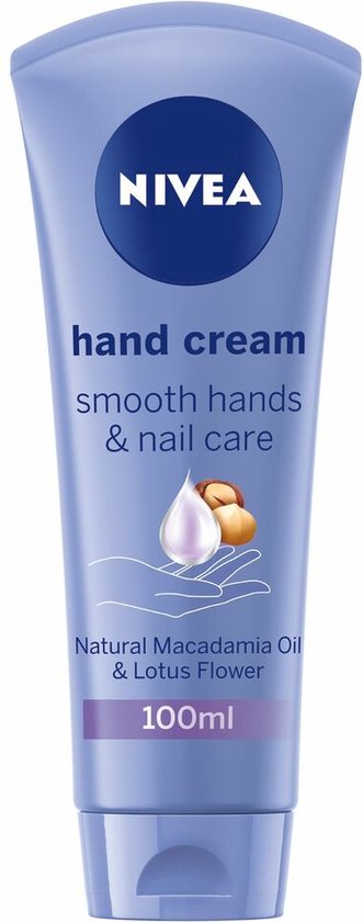 Nivea handcrème 'smooth hands & nail care' met macadamia olie en lotusbloem, 100ml.