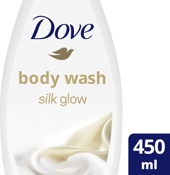 Witte Dove douchegelfles 'Silk Glow' met gouden tekst en zijdeachtige textuur.