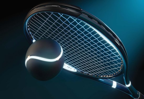 Fotobehang Tennis Racket Ball Neon | XXL - 312cm x 219cm | 130g/m2 Vlies
