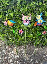 Metalen tuinstekers " uilen " - Set van 3 stuks - meerkleurig + bloem - hoogte 60 x 17 x 17 cm - Tuinaccessoires - Tuindecoratie - Tuinstekers