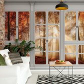 Fotobehang - Vlies Behang - 3D Uitzicht op het Zonnige Herfstbos door het Raam - 416 x 290 cm