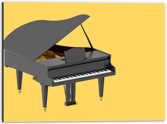 Dibond - Zwart met Witte Vleugel Piano tegen Gele Achtergrond - 40x30 cm Foto op Aluminium (Met Ophangsysteem)