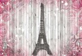 Fotobehang Eiffel Tower Flowers Pink Wooden Wall | XXL - 206cm x 275cm | 130g/m2 Vlies