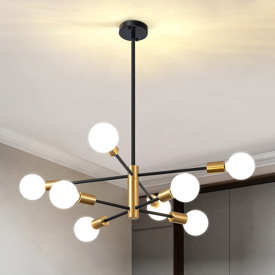 Sputnik Kroonluchters Mid Century Zwart en Goud Lichtpunt 8 Licht Modern Plafondlamp voor Woonkamer, Keuken, Slaapkamer, Eetkamer