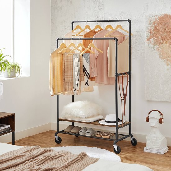 Yorbay Open stabiele bamboe kledingrek: kapstok met 2 kledingstangen - vrijstaande kledingkast met broekhangers en planken - multifunctionele garderobe voor slaapkamer hal