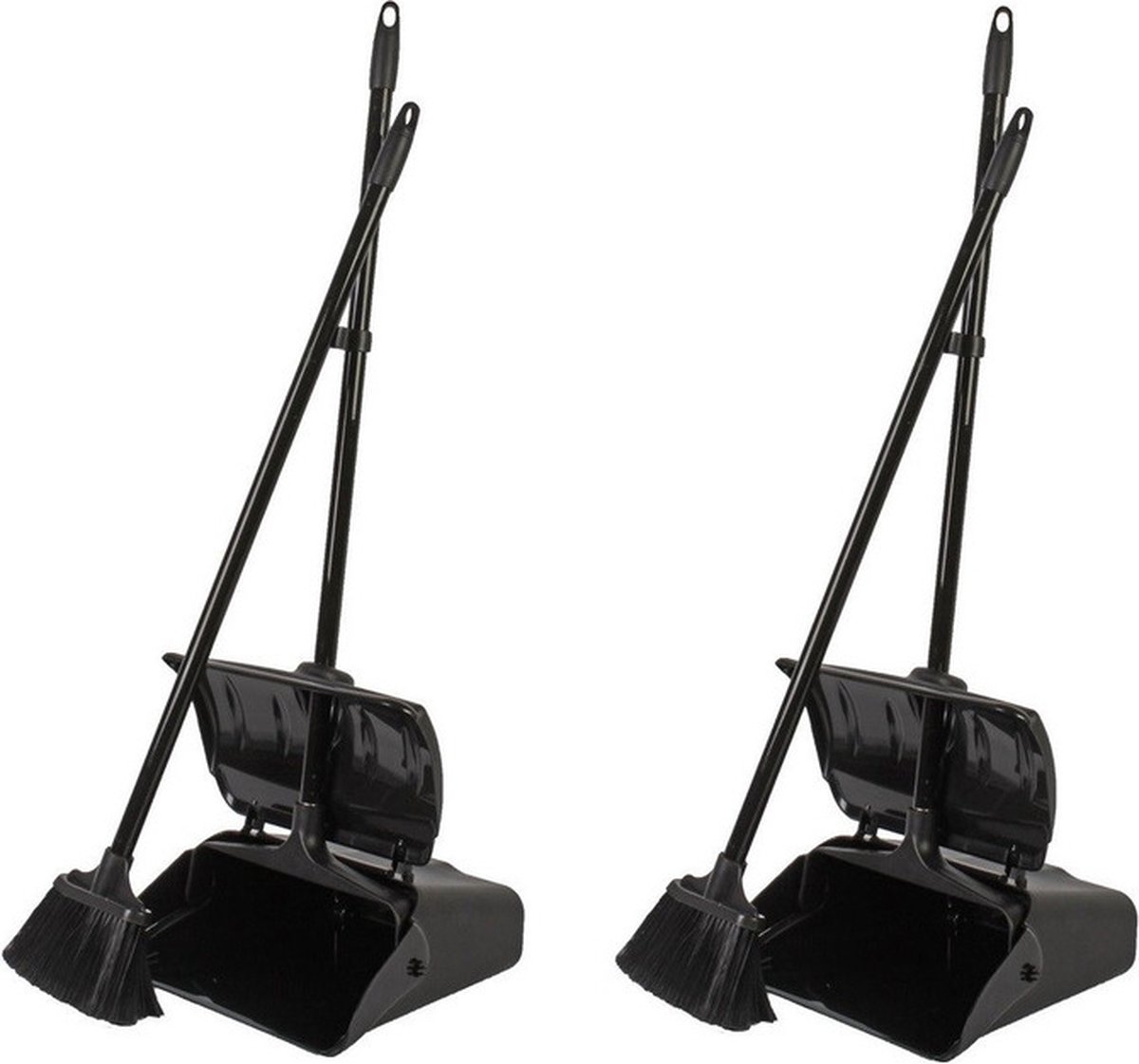 Goedkoopste 2x Luxe stoffer en blik zwart met steel en automatische opvangblik 108 x 34 x 18 cm - stofblikset - schoonmaakartikelen