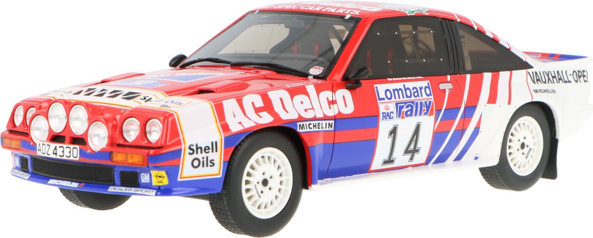 De 1:18 Diecast Modelcar van de Opel Manta 400R Team Euro Opel #14 van de RAC Lombard Rally van 1985. De rijders waren J. McRae en I. Grindrod. De fabrikant van het model is Otto Mobile.Dit model is alleen online beschikbaar.