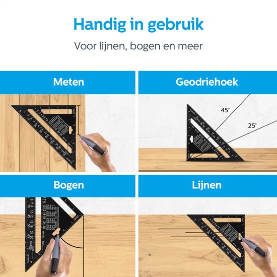 Detepo - Carpenter Mesure Driehoek - Carré Carré en Aluminium - Triangle 5 en 1 Degré - Zwart