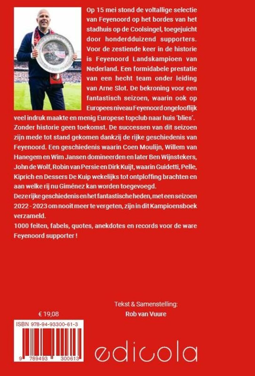 Boek over Feyenoord landskampioen 2022-2023 met de tekst 'Feyenoord Kampioen'.