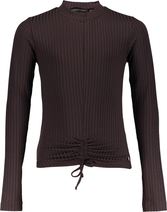 Bruine geribbelde top met hoge hals en strikdetail op de voorkant.