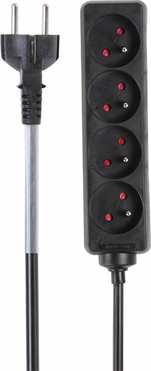 HQ-Power Stekkerdoos, 4 stopcontacten met penaarde (type E), kabel 5 m, 3G1.5, met krimpkous voor etikettering, gebruik binnenshuis, zwart