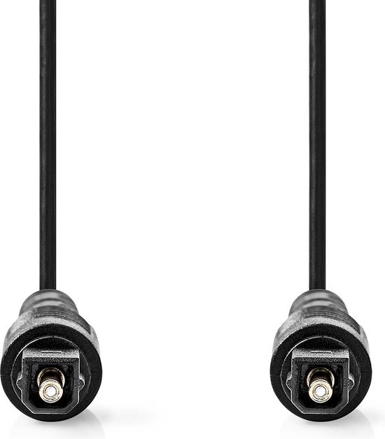 Zwarte optische audiokabel met twee TosLink mannelijke connectoren.