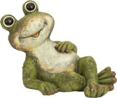Statue de jardin grenouille allongée - pierre artificielle - 39 x 29 cm - vert - Grenouille souriante à l'extérieur