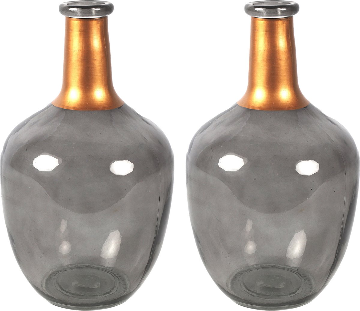 Countryfield Bloemenvaas Firm Big Bottle - 2x - transparant grijs/koper - glas - D18 x H30 cm