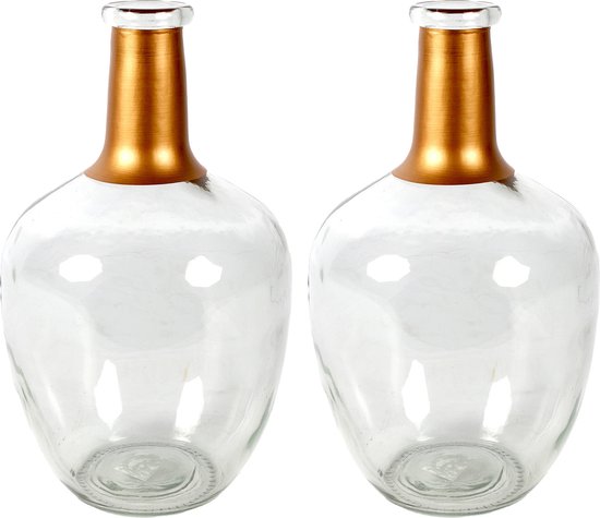 Countryfield Bloemenvaas Firm Big Bottle - 2x - helder transparant/koper - glas - D18 x H30 cm