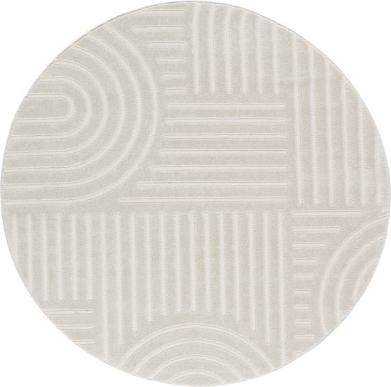 Laagpolig Vloerkleed, Cirkel, Woonkamer, Boho Geometrisch -Crème - Ø120 cm (rond) - Superzacht Modern Vloerkleed