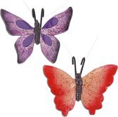 Tuindecoratie bloempothanger vlinder - set 2x - paars/rood - kunststeen - 13 x 10 cm