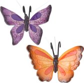 Tuindecoratie bloempothanger vlinder - set 2x - paars/oranjerood - kunststeen - 13 x 10 cm