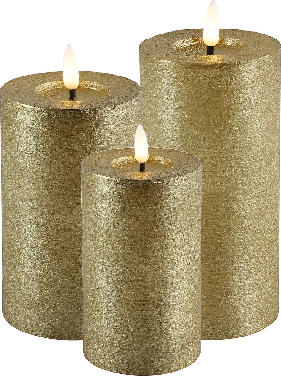 Countryfield LED kaarsen/stompkaarsen - set 3x - goud - H8, H12,5 en H15 cm - warm wit Goudkleurig