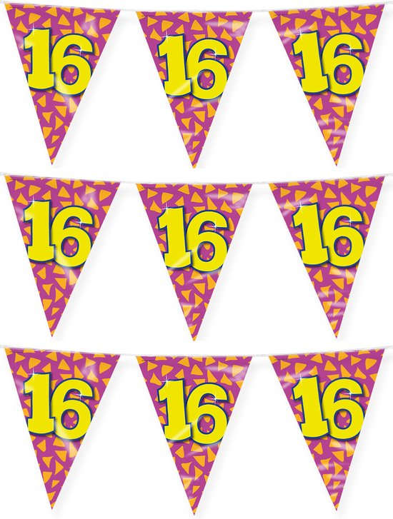 Paperdreams verjaardag 16 jaar thema vlaggetjes - 3x - feestversiering - 10m - folie - dubbelzijdig