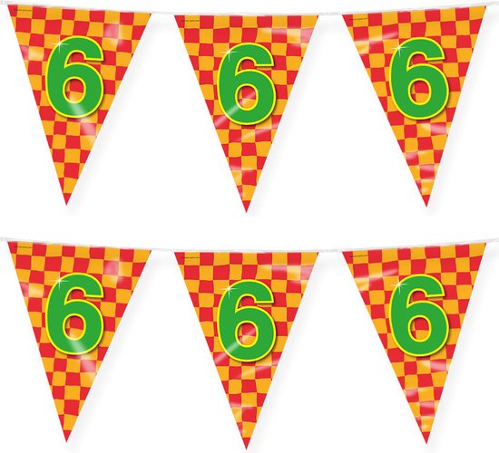 Paperdreams verjaardag 6 jaar thema vlaggetjes - 2x - feestversiering - 10m - folie - dubbelzijdig