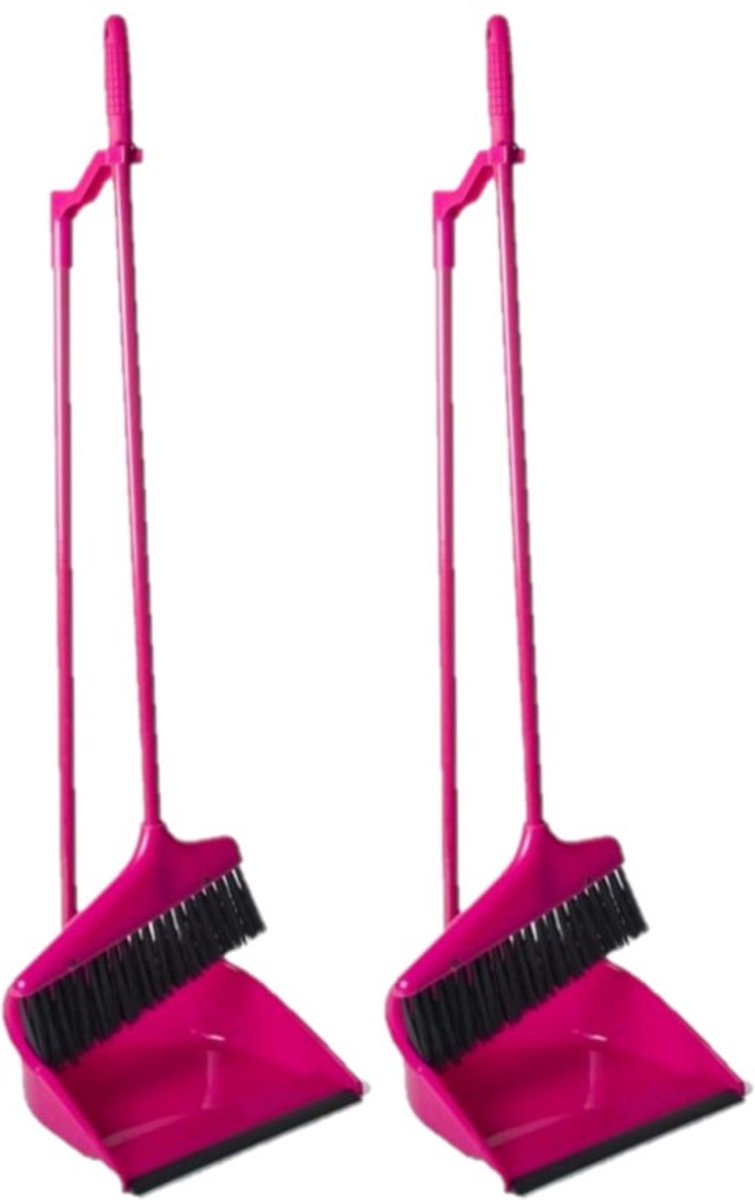 Set van 2x stuks kunststof stoffer en blik met lange steel 24 x 82 cm roze - Schoonmaakartikelen