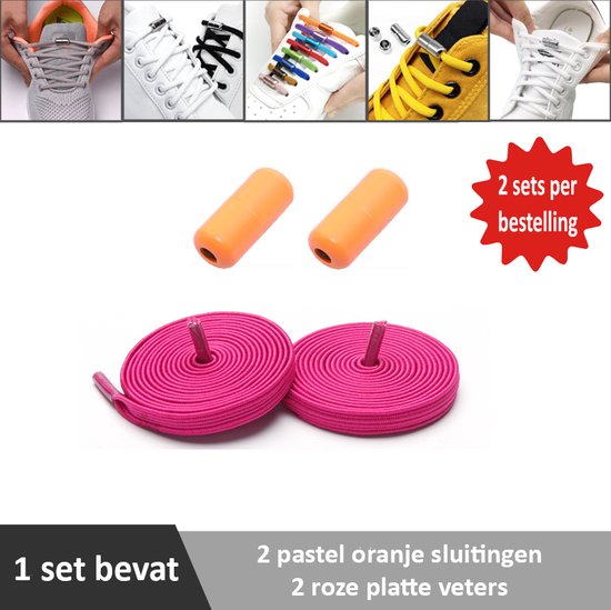 2 paar roze platte elastische veters met pastel oranje sluitingen. Je hoeft voortaan nooit meer je veters te strikken.