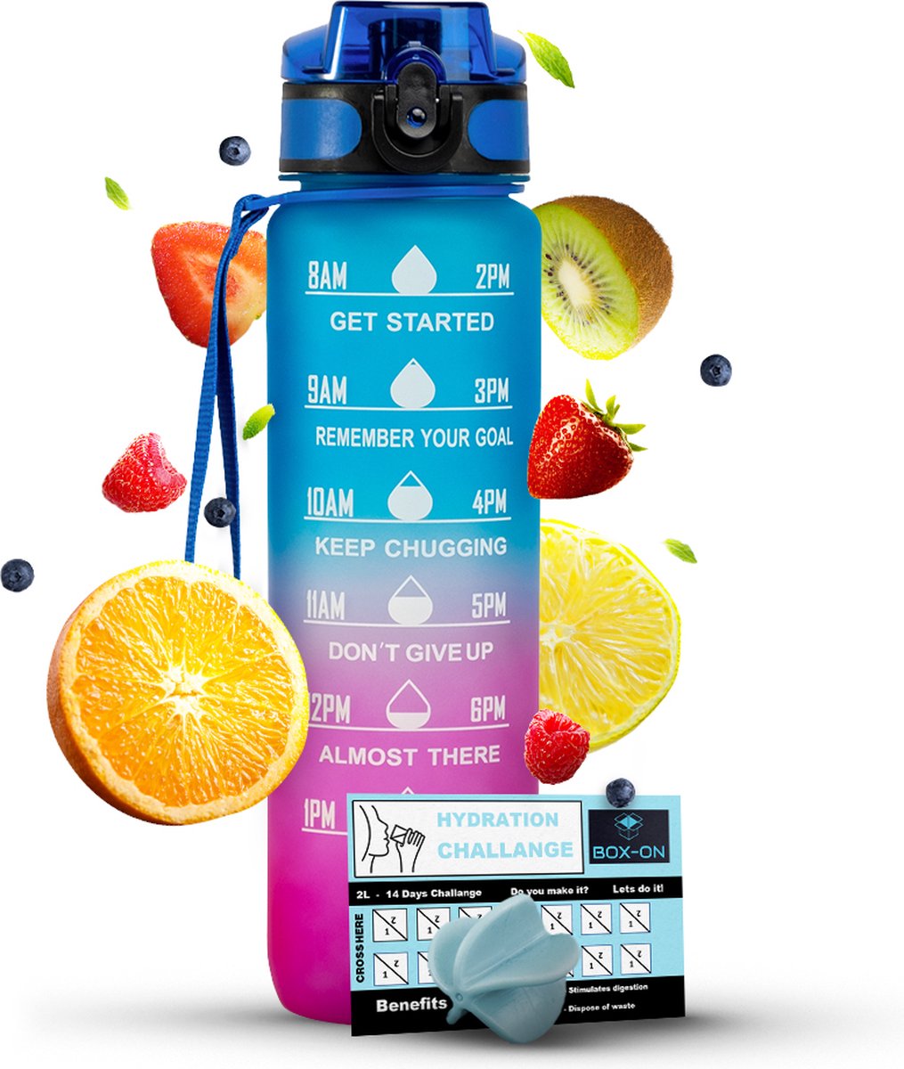 Motivatie Waterfles - Met Fruitfilter - Inclusief Shake Bal - Blauw/Roze - 1 Liter Drinkfles - Motivatiefles - Waterfles met tijdmarkering - BPA Vrij - Volwassenen - Kinderen - Met Box-On Hydration Challenge
