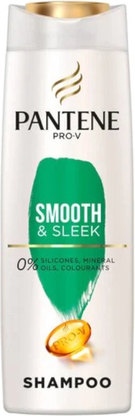 Bouteille Pantene Pro-V blanche avec bouchon doré. Étiquette verte avec 'SMOOTH & SLEEK' et 0% silicones, huiles minérales, colorants.