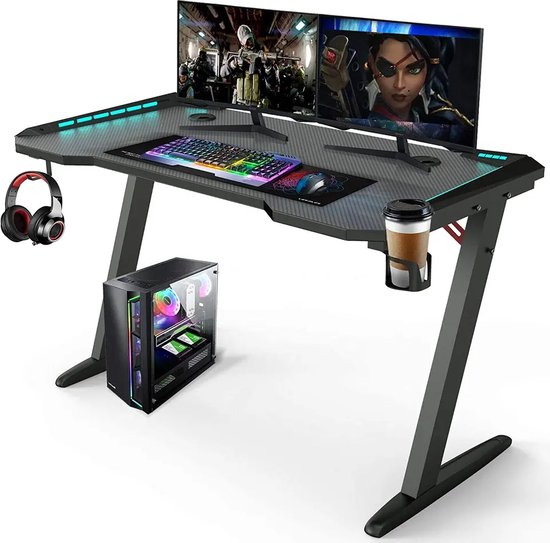 Avalo gaming bureau - 120x60x73 cm - game desk met led verlichting - tafel - zwart