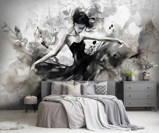 Vliesbehang - Ballerina - Schilderij - Danseres - Grijs - 368x254cm