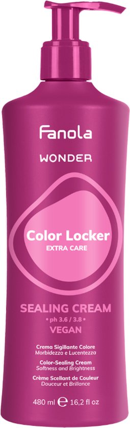 Fles met pomp van Fanola Wonder Color Locker Sealing Cream in magenta. Bevat veganistische formule.