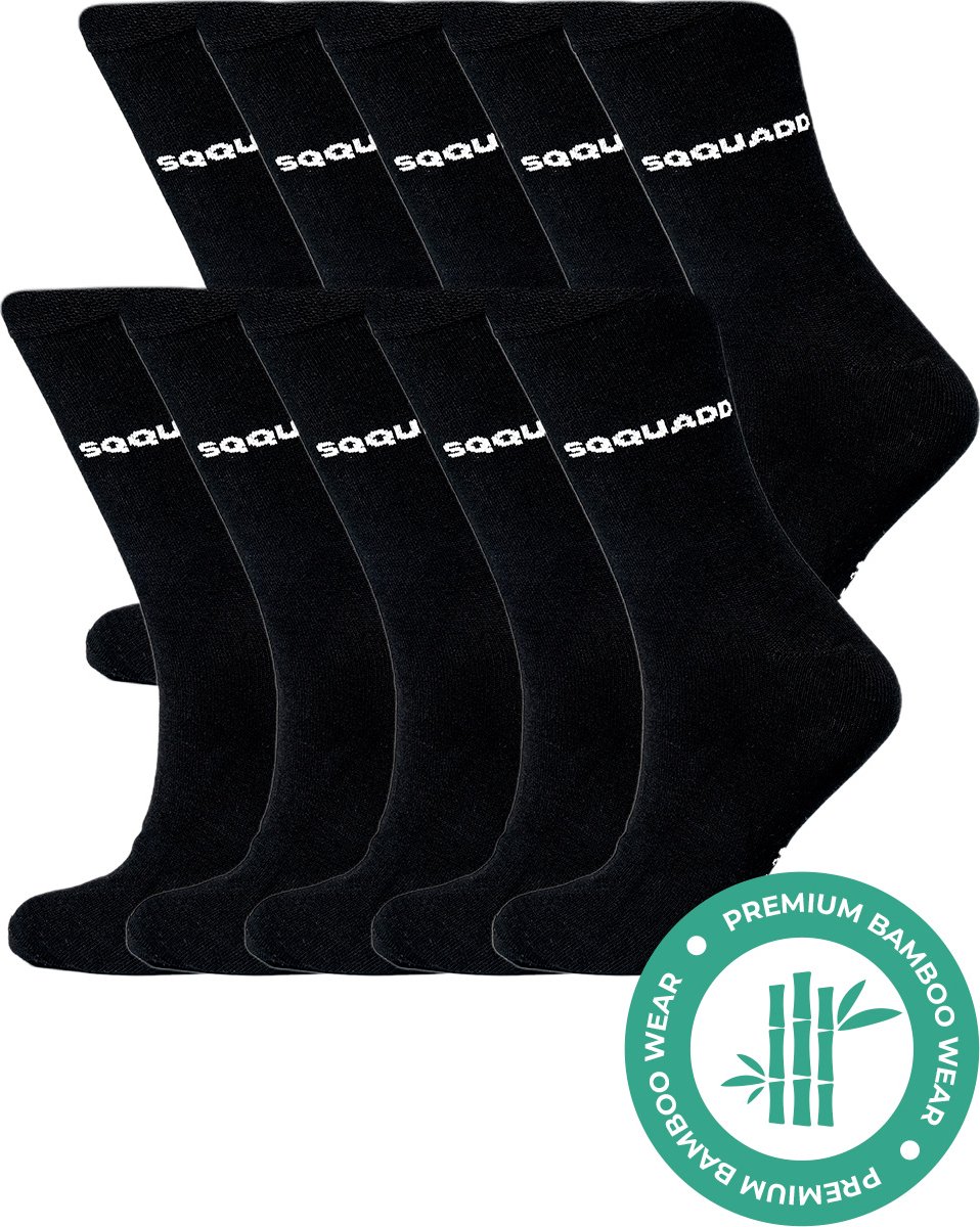 SQQUADD® Bamboe Sokken Dames en Heren - Unisex 10-pack - Maat 35-38 - Naadloos en Duurzaam - Tegen Zweetvoeten - Bamboo - Zwart