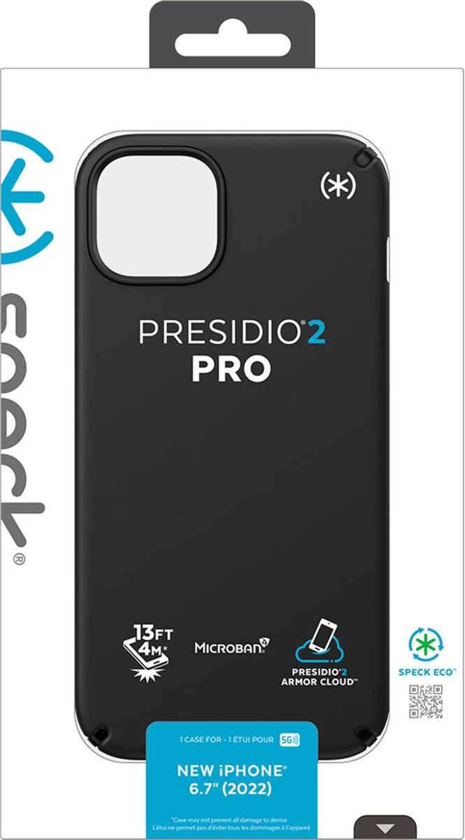 Speck hoesje geschikt voor Apple iPhone 15 Plus en iPhone 14 Plus - Slank - Ultieme Bescherming - Luxe Soft-touch Afwerking - Valbescherming gecertificeerd tot 4 meter - Microban Antibacterieel - Presidio2 Pro lijn - Zwart