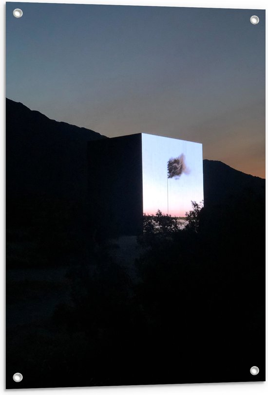 Tuinposter – Bergen met Lichtgevend Scherm - 60x80 cm Foto op Tuinposter (wanddecoratie voor buiten en binnen)
