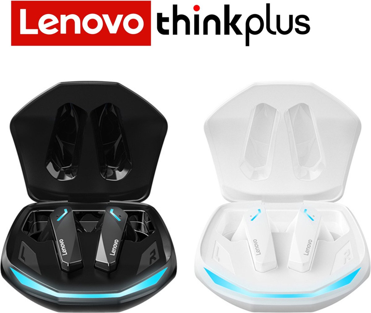 Lenovo ThinkPlus GM2 Pro - 2-Pack - Bluetooth 5.3 - Draadloze oordopjes - Ergonomisch - Noise-cancelling - Waterbestendig - Sport - Gamen - Reizen - Zwart & Wit
