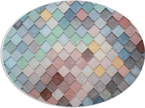PVC Schuimplaat Ovaal - Wand met Driehoekvormige Textuur in Verschillende Kleuren - 56x42 cm Foto op Ovaal (Met Ophangsysteem)