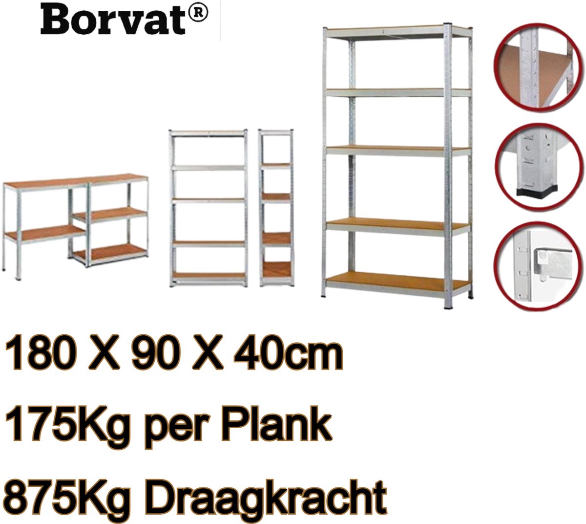 Borvat® | Stellingkast | Opbergrek met 5 planken | 180x90x40cm | 875Kg Draagkracht | 175Kg per Plank | grijs