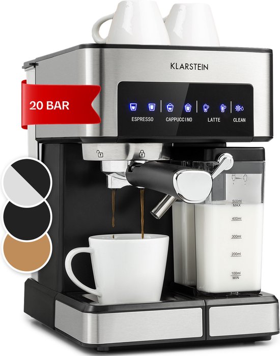 Klarstein Koffiemachine Espresso Pistonmachine met Melkopschuimer, 1,8 L Mini Espressomachine met Piston, 20 Bar RVS Compact, Melkreservoir, 1350 W Koffiemachine voor Gemalen Koffie - Stoompijpje Touch LED - Coffee Machine