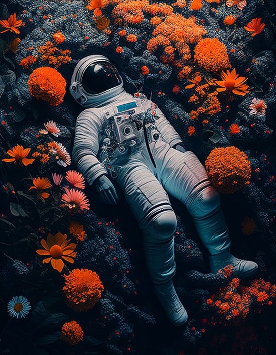 AI - Woondecoratie - Poster - Astronaut - bloemen – 04 - 70 x 100 cm