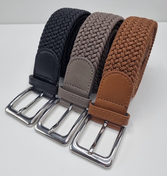 3 pack deal - Elastische broekriem Stretch riem Vlecht riem Gevlochten riem Elastiek riem - unisex - Kleur 1-Bruin 2-Kaki 3-Zwart