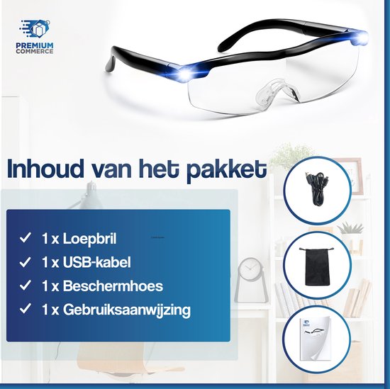 Vergrootglas Bril - Loepbril met LED verlichting - Vergrootbril - Incl. Opberghoes! - Premium Commerce