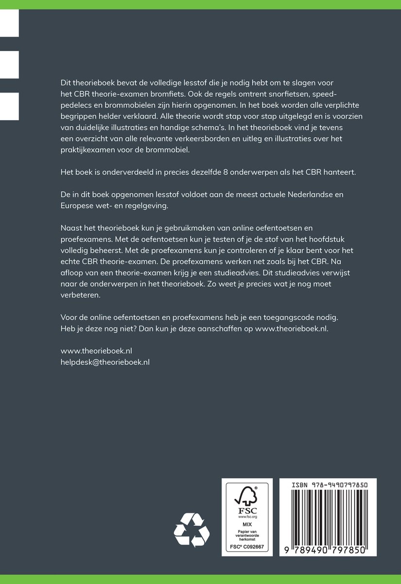 Achterkant theorieboek bromfiets, met tekst over theorie-examen en oefenapps, en FSC-logo.