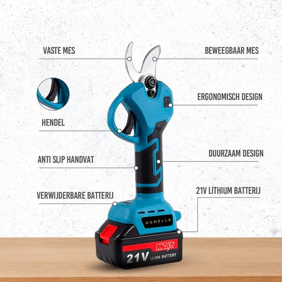 Blauwe elektrische snoeischaar met zwarte details en een rode 21V batterij. Labels tonen "ergonomisch design" en "verwijderbare batterij".