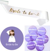 10-delige Bride to Be en Bride's Bitches paars met sjerp en buttons - button - sjerp - bride to be - bruid - vrijgezellenfeest - trouwen