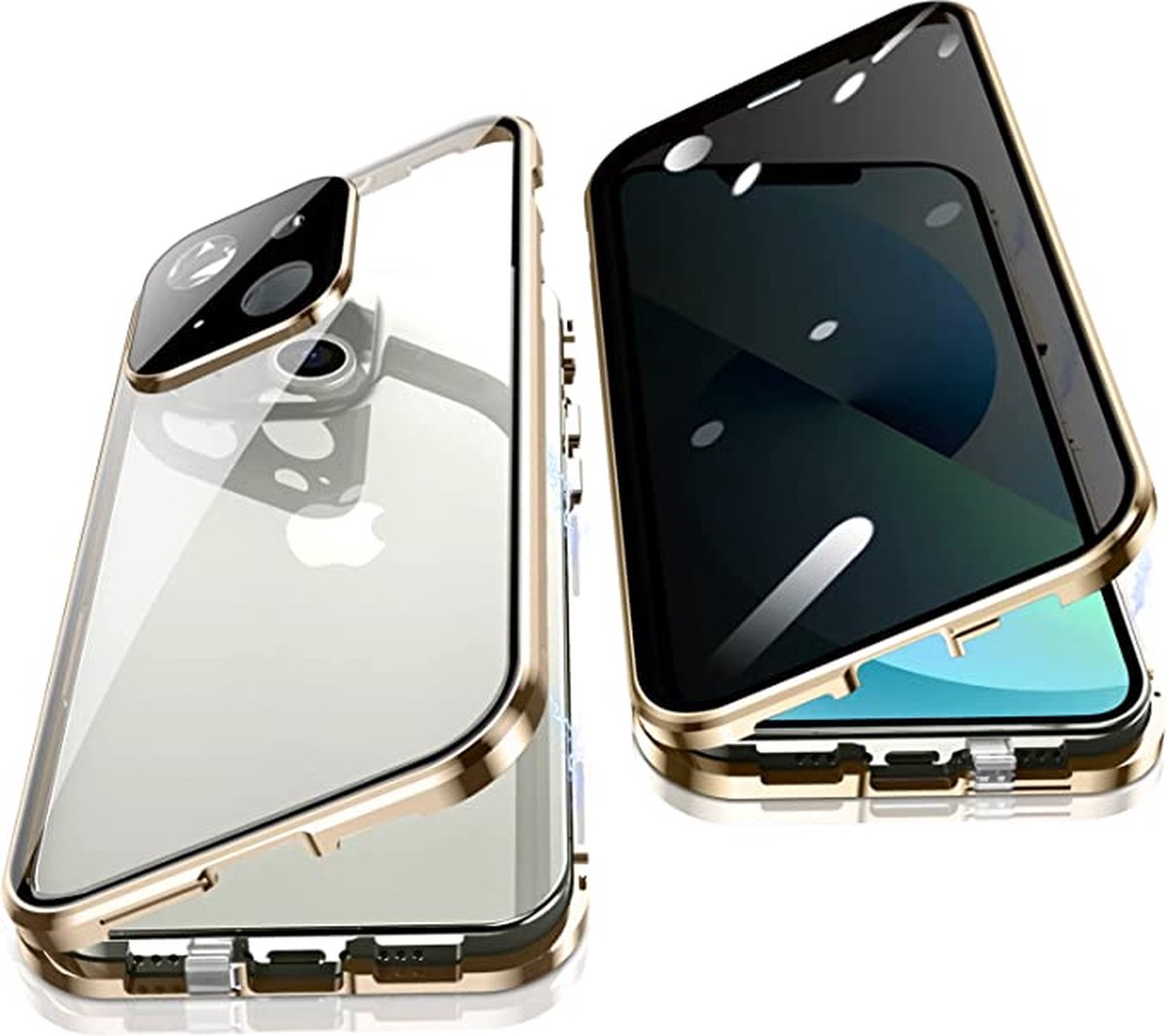 Fiquesa Autri® - Iphone 13 hoesje - goud - privacy scherm - Dubbelzijdig glas protector - metalen bumper