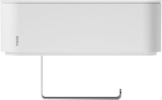Porte-rouleau toilette blanc minimaliste avec un bac de rangement fermé.
